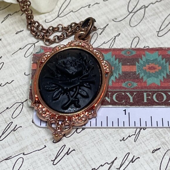 Gothic Steampunk Halloween Rose Gold Necklace Black Rose Cameo Witch Jewelry New - Picture 14 of 16